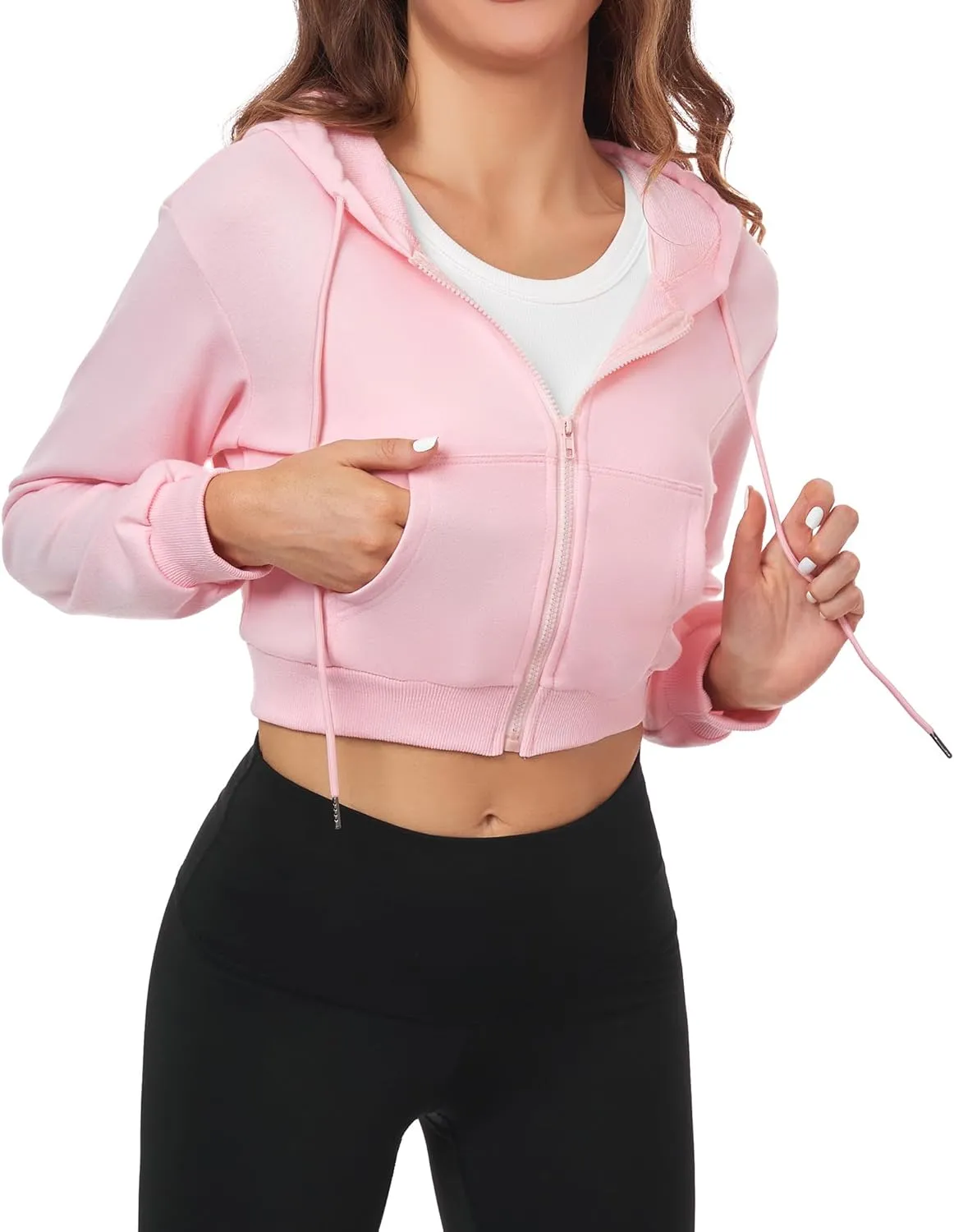 Cropped Zip Up Hoodie Women Jacket Top Sweatshirt Casual Basic Gym Workout Sport
