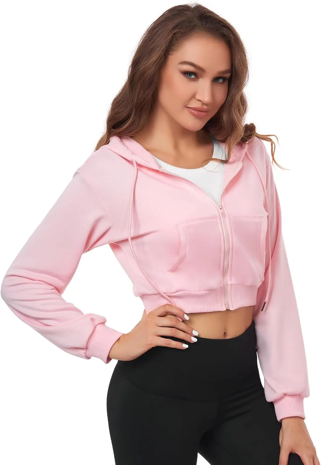 Cropped Zip Up Hoodie Women Jacket Top Sweatshirt Casual Basic Gym Workout Sport