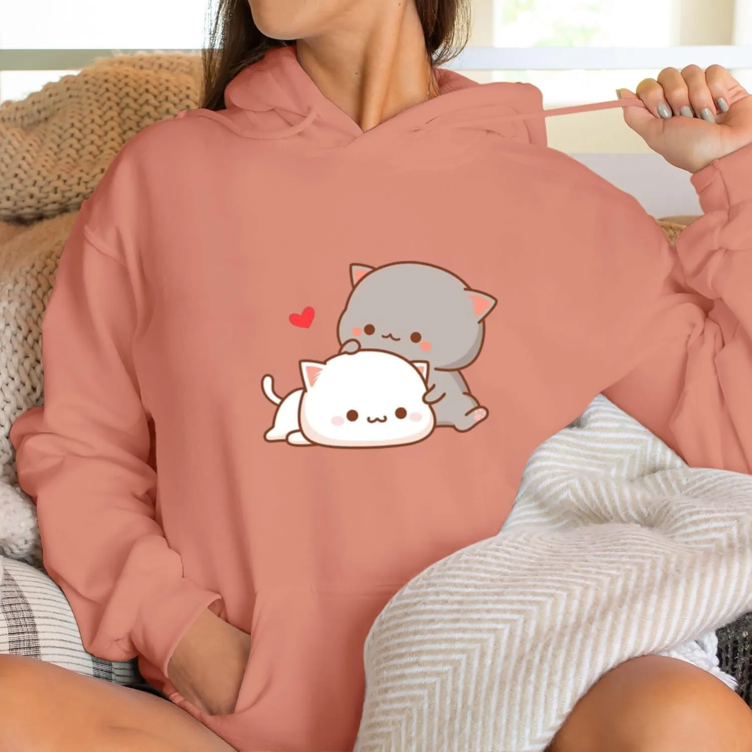 Cute Cat Graphic Hoodies Aesthetic Hooded Sweatshirts for Teen Girls Kawaii Cartoon Anime Lightweight Pullover Tops
