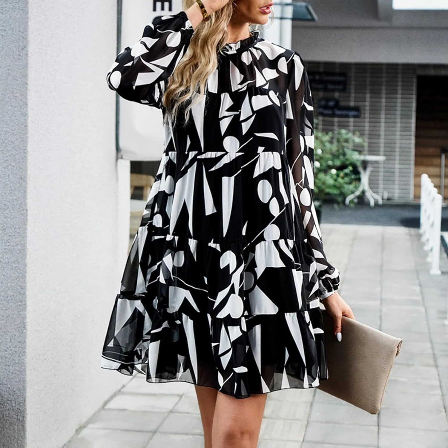 Cute Shift Tunic Dress for Women Ruffle Swing Babydoll Mini Long Sleevee Mini Knee Length Sun Dresses with Pockets