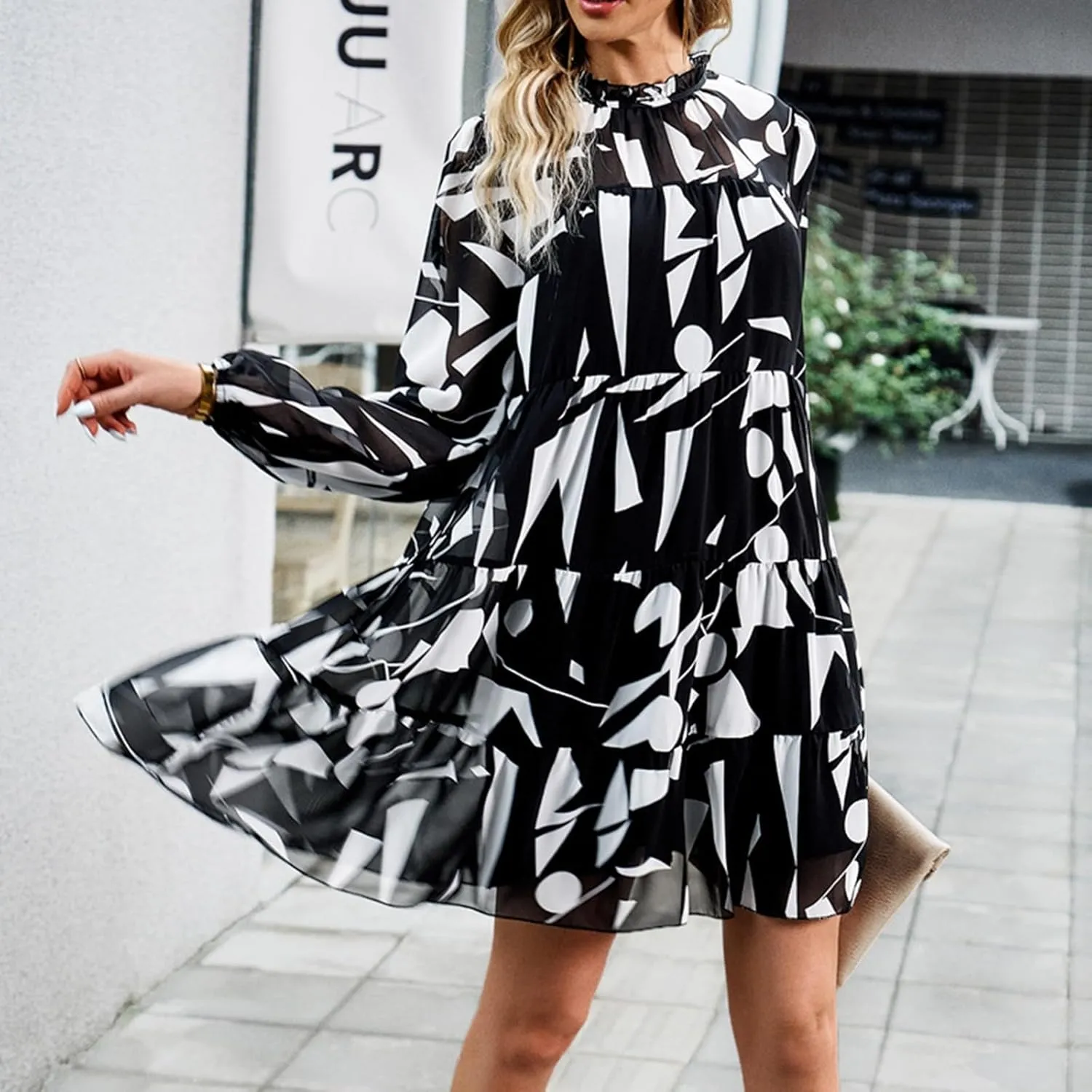 Cute Shift Tunic Dress for Women Ruffle Swing Babydoll Mini Long Sleevee Mini Knee Length Sun Dresses with Pockets