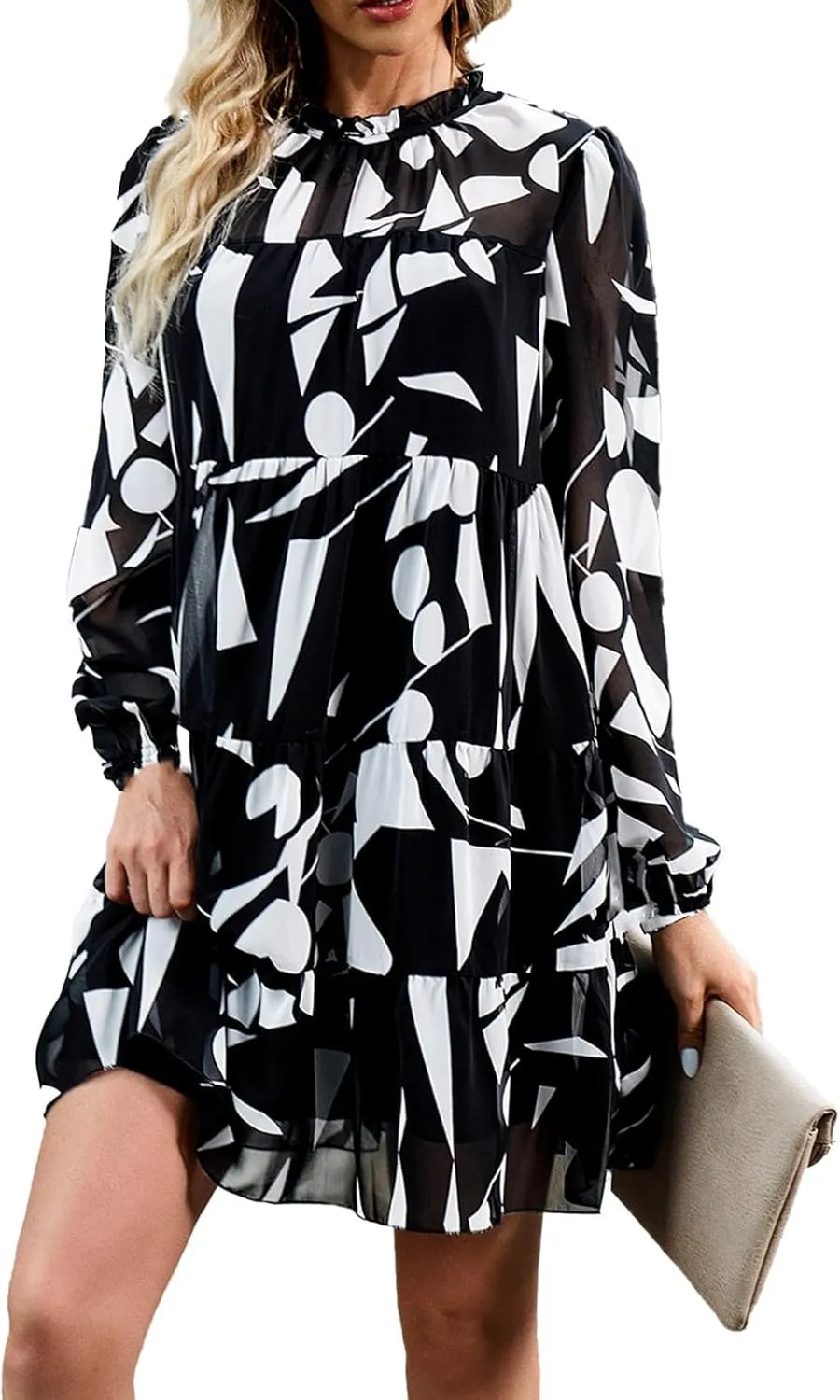 Cute Shift Tunic Dress for Women Ruffle Swing Babydoll Mini Long Sleevee Mini Knee Length Sun Dresses with Pockets