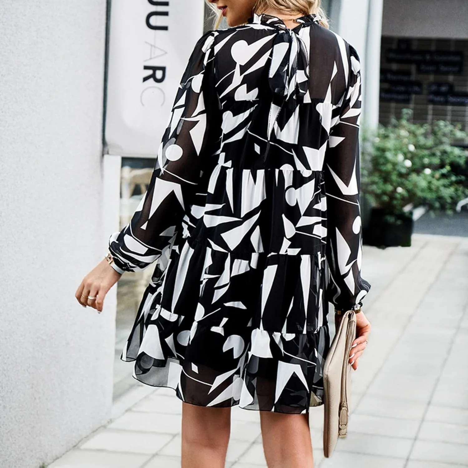 Cute Shift Tunic Dress for Women Ruffle Swing Babydoll Mini Long Sleevee Mini Knee Length Sun Dresses with Pockets