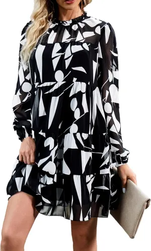 Cute Shift Tunic Dress for Women Ruffle Swing Babydoll Mini Long Sleevee Mini Knee Length Sun Dresses with Pockets