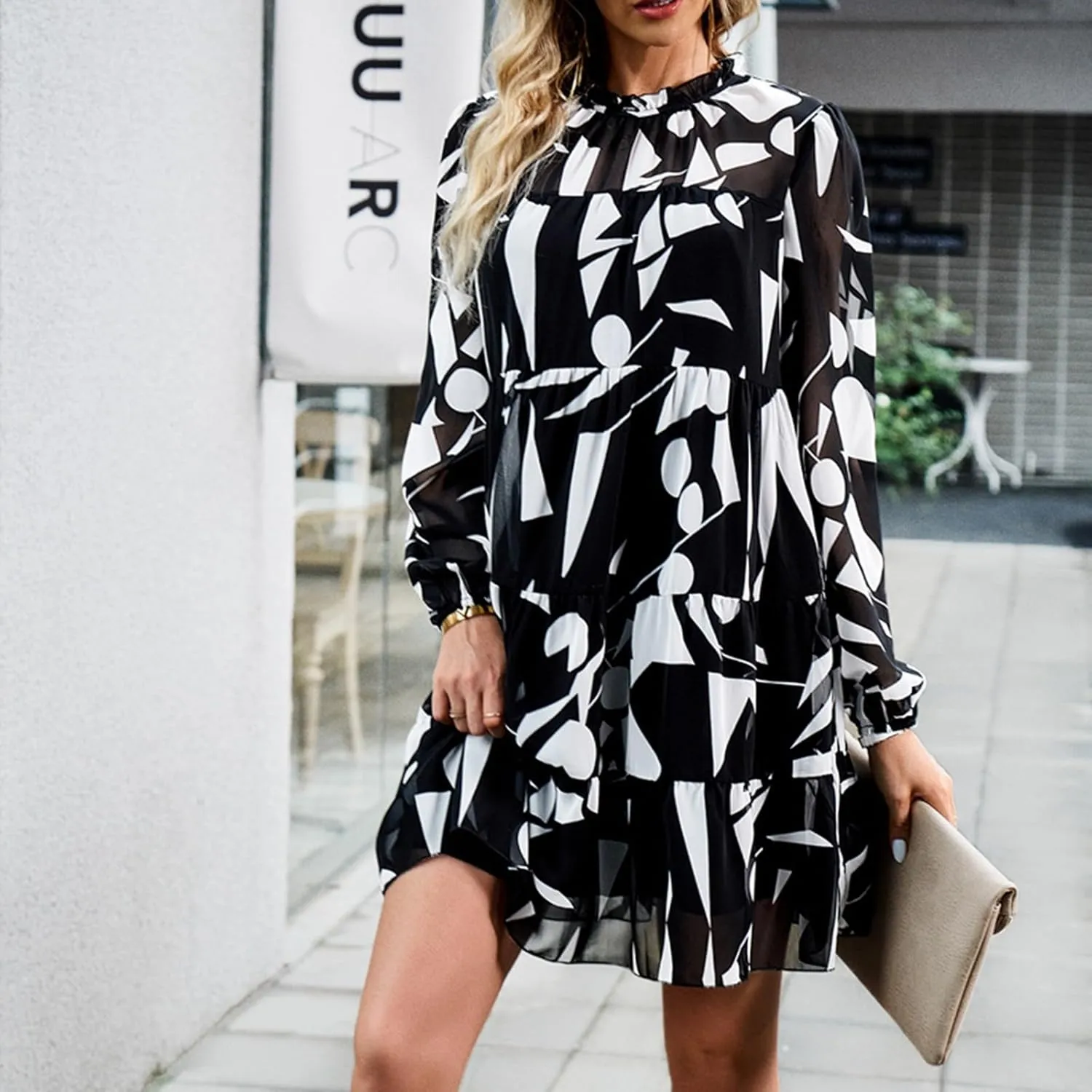 Cute Shift Tunic Dress for Women Ruffle Swing Babydoll Mini Long Sleevee Mini Knee Length Sun Dresses with Pockets