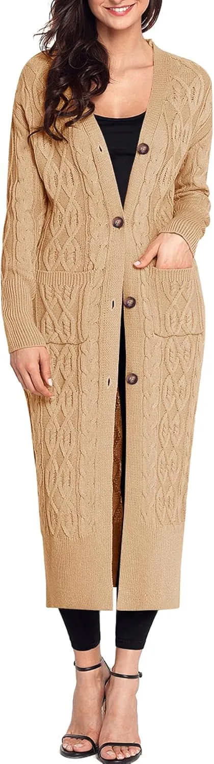 Danedvi Women's Long Cardigans Long Sleeve Cable Knit Button Down Open Front Chunky Knit Sweaters Coats with Pockets