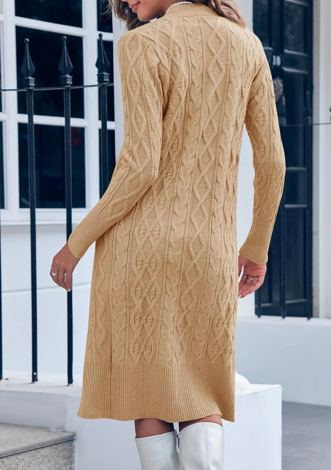 Danedvi Women's Long Cardigans Long Sleeve Cable Knit Button Down Open Front Chunky Knit Sweaters Coats with Pockets