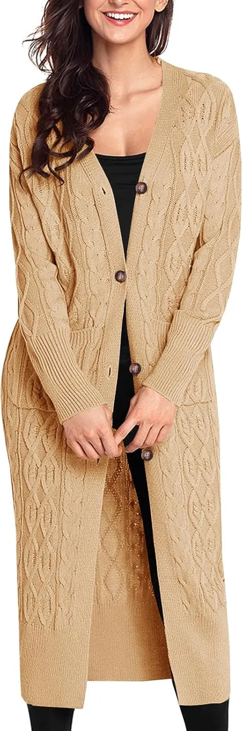 Danedvi Women's Long Cardigans Long Sleeve Cable Knit Button Down Open Front Chunky Knit Sweaters Coats with Pockets