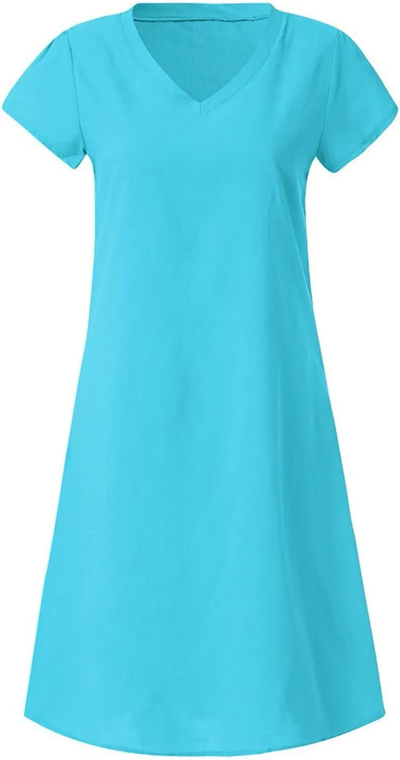 DASAYO Short Sleeve Tshirt Dresses for Women V Neck Solid Color Linen Dress Loose Fit Knee Length Summer Dress Fashion 2025