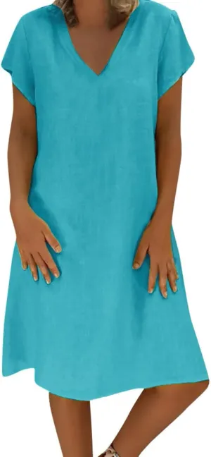 DASAYO Short Sleeve Tshirt Dresses for Women V Neck Solid Color Linen Dress Loose Fit Knee Length Summer Dress Fashion 2025