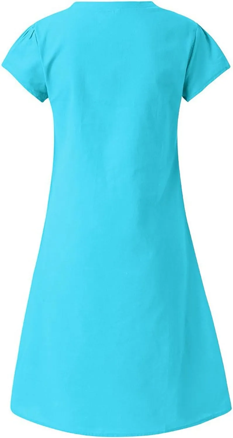 DASAYO Short Sleeve Tshirt Dresses for Women V Neck Solid Color Linen Dress Loose Fit Knee Length Summer Dress Fashion 2025