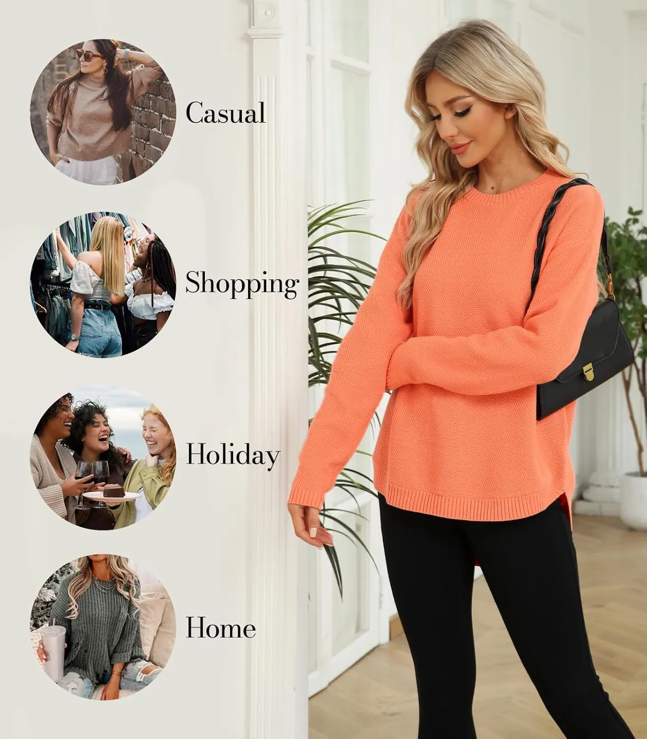 DB MOON Women Crewneck Long Sleeve Knitted Sweater 2025 Loose Fit Soft Solid Pullover