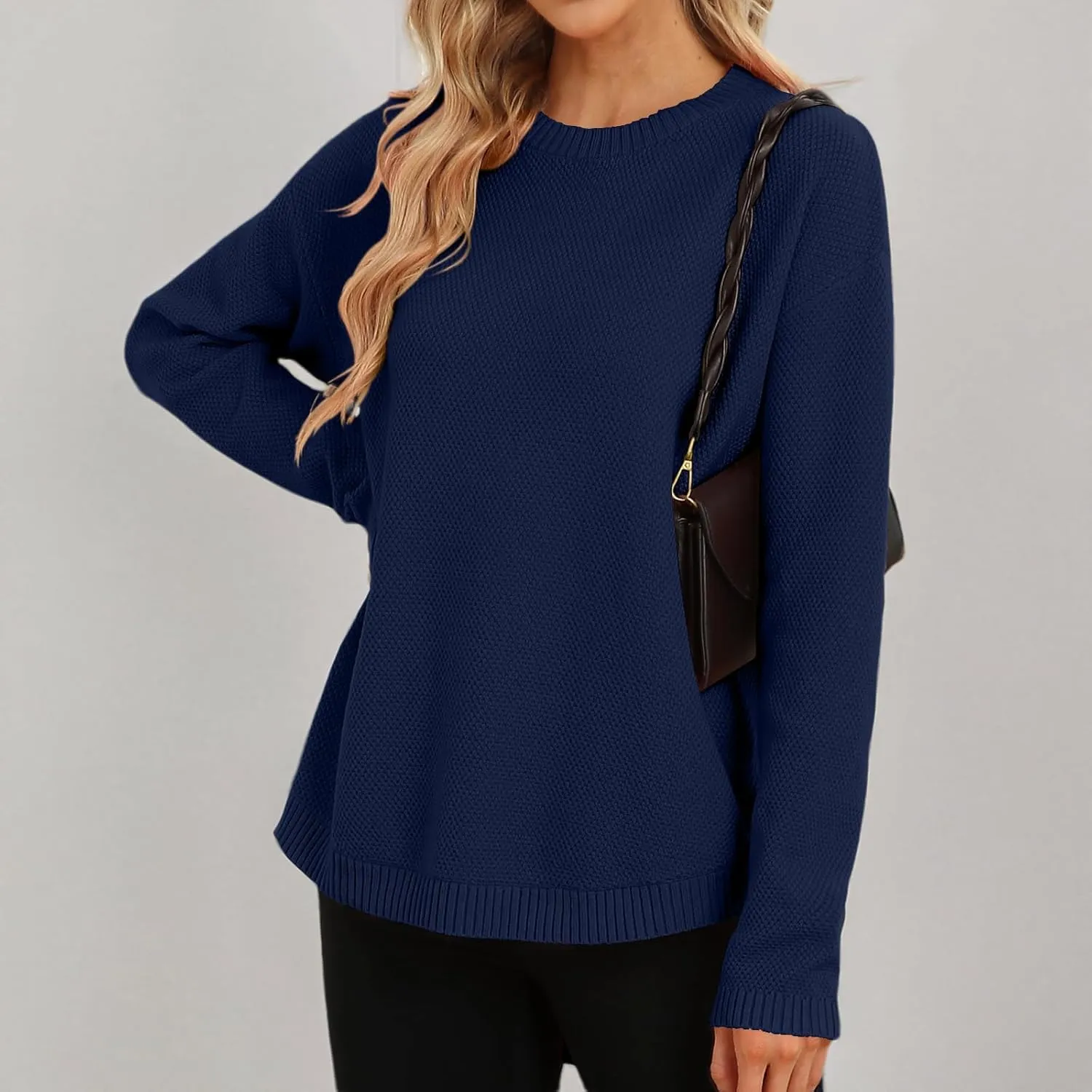 DB MOON Women Crewneck Long Sleeve Knitted Sweater 2025 Loose Fit Soft Solid Pullover