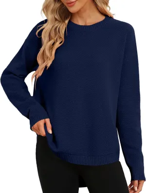DB MOON Women Crewneck Long Sleeve Knitted Sweater 2025 Loose Fit Soft Solid Pullover