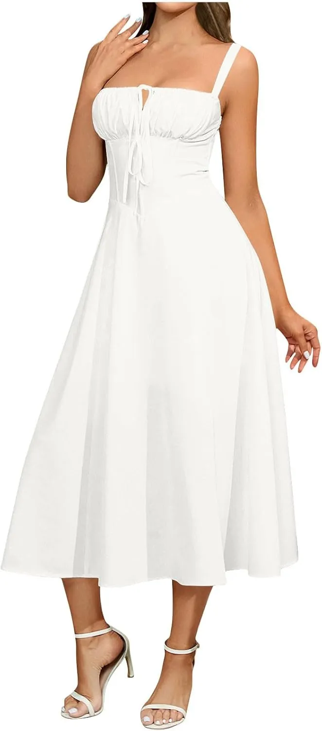 DDAPJ pyju Corset Dress for Women Summer Boho Flowy Lace Up Midi Dresses Wedding Guest Dresses A Line Beach Casual Sundress