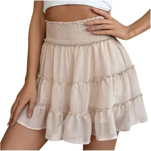 DDAPJ pyju Flowy Shorts for Women Summer Casual Boho Ruffle Tiered Skorts Smocked High Waisted Mini Skirts Built in Shorts