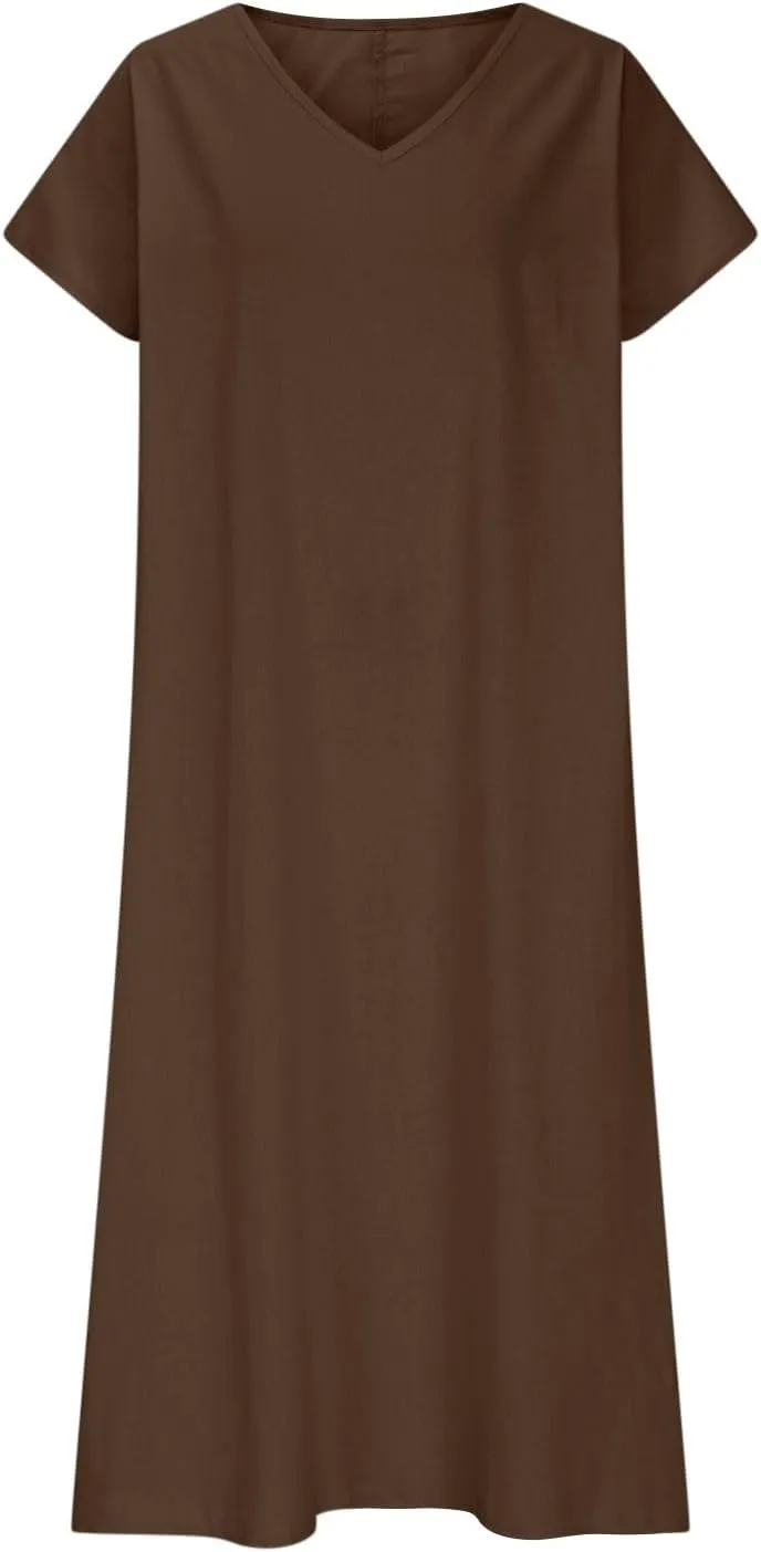 DDAPJ pyju Linen Dress for Women Summer V Neck Short Sleeve Sundress Solid Color Loose Beach Vacation Casual Maxi Dresses