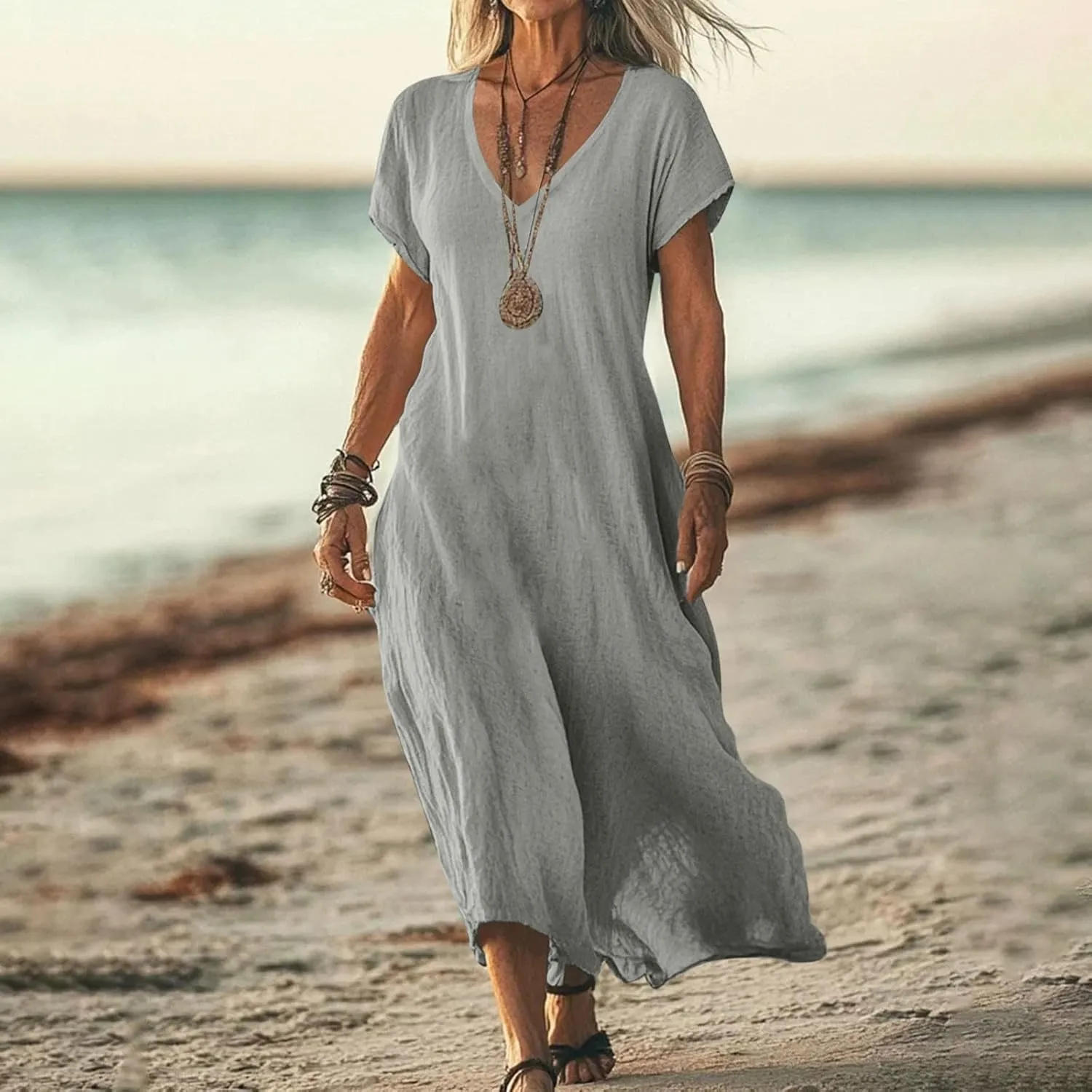 DDAPJ pyju Linen Dress for Women Summer V Neck Short Sleeve Sundress Solid Color Loose Beach Vacation Casual Maxi Dresses