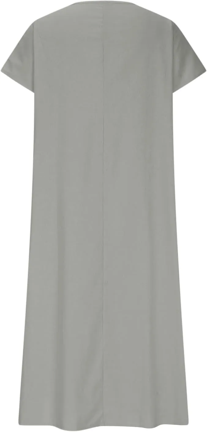 DDAPJ pyju Linen Dress for Women Summer V Neck Short Sleeve Sundress Solid Color Loose Beach Vacation Casual Maxi Dresses