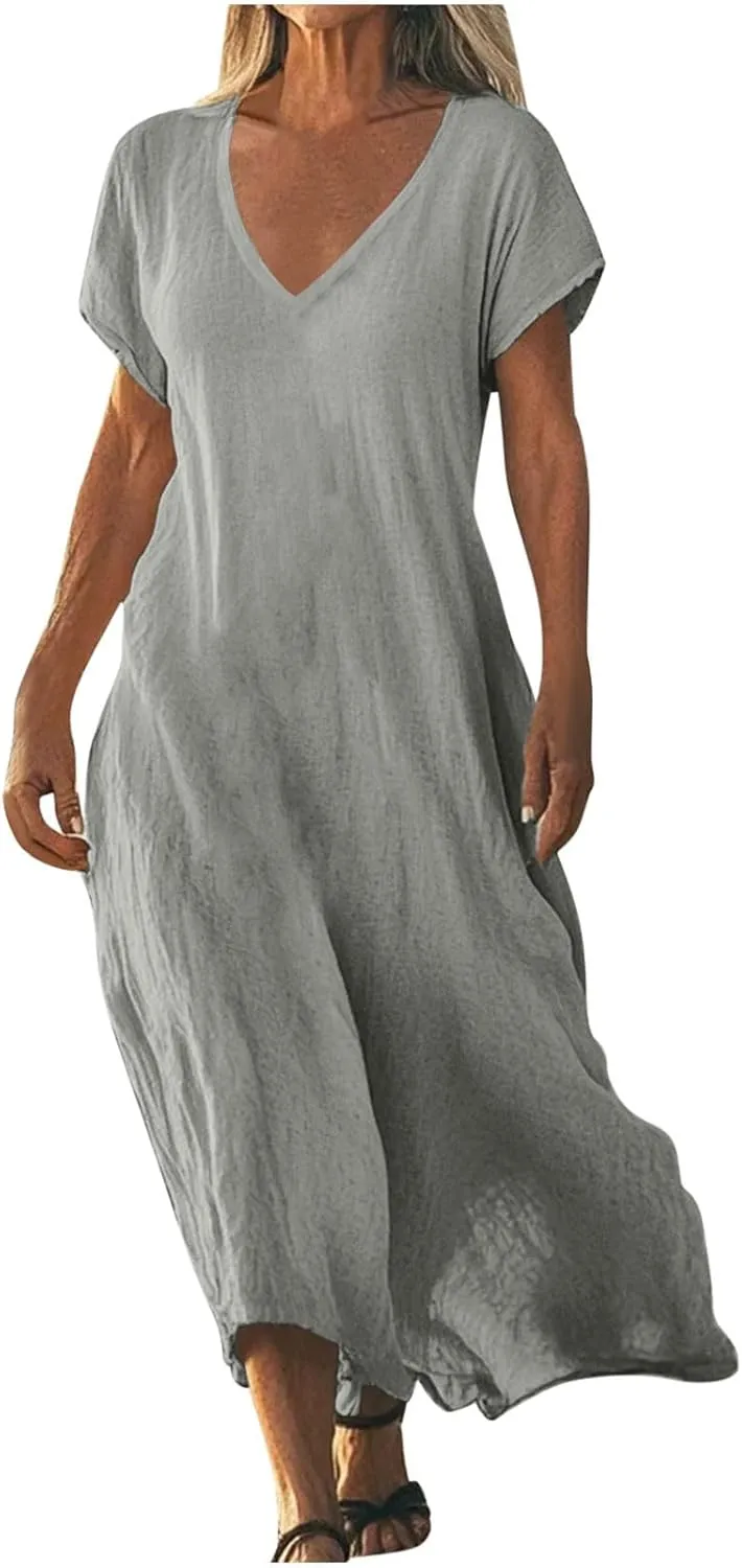 DDAPJ pyju Linen Dress for Women Summer V Neck Short Sleeve Sundress Solid Color Loose Beach Vacation Casual Maxi Dresses