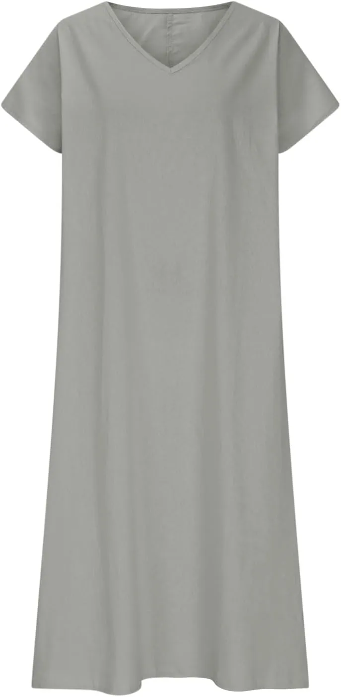 DDAPJ pyju Linen Dress for Women Summer V Neck Short Sleeve Sundress Solid Color Loose Beach Vacation Casual Maxi Dresses