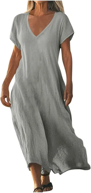 DDAPJ pyju Linen Dress for Women Summer V Neck Short Sleeve Sundress Solid Color Loose Beach Vacation Casual Maxi Dresses