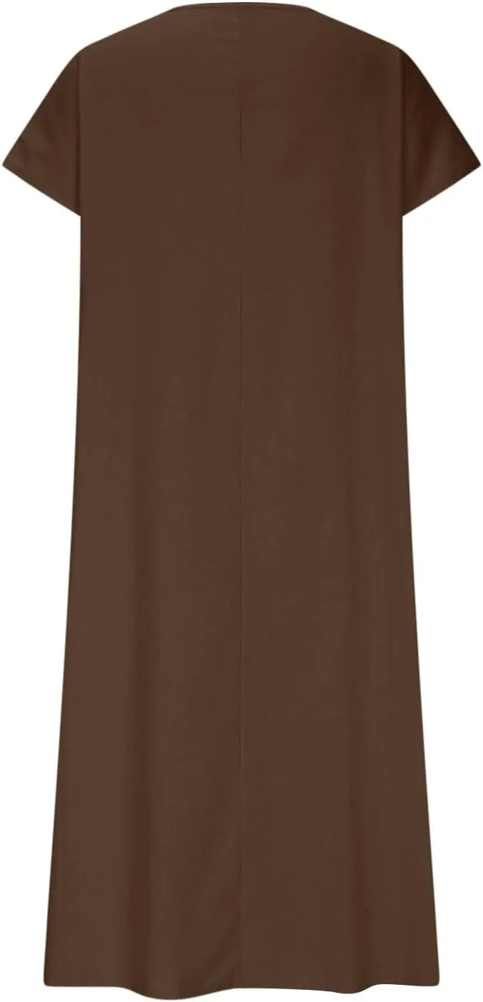 DDAPJ pyju Linen Dress for Women Summer V Neck Short Sleeve Sundress Solid Color Loose Beach Vacation Casual Maxi Dresses