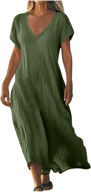 DDAPJ pyju Linen Dress for Women Summer V Neck Short Sleeve Sundress Solid Color Loose Beach Vacation Casual Maxi Dresses