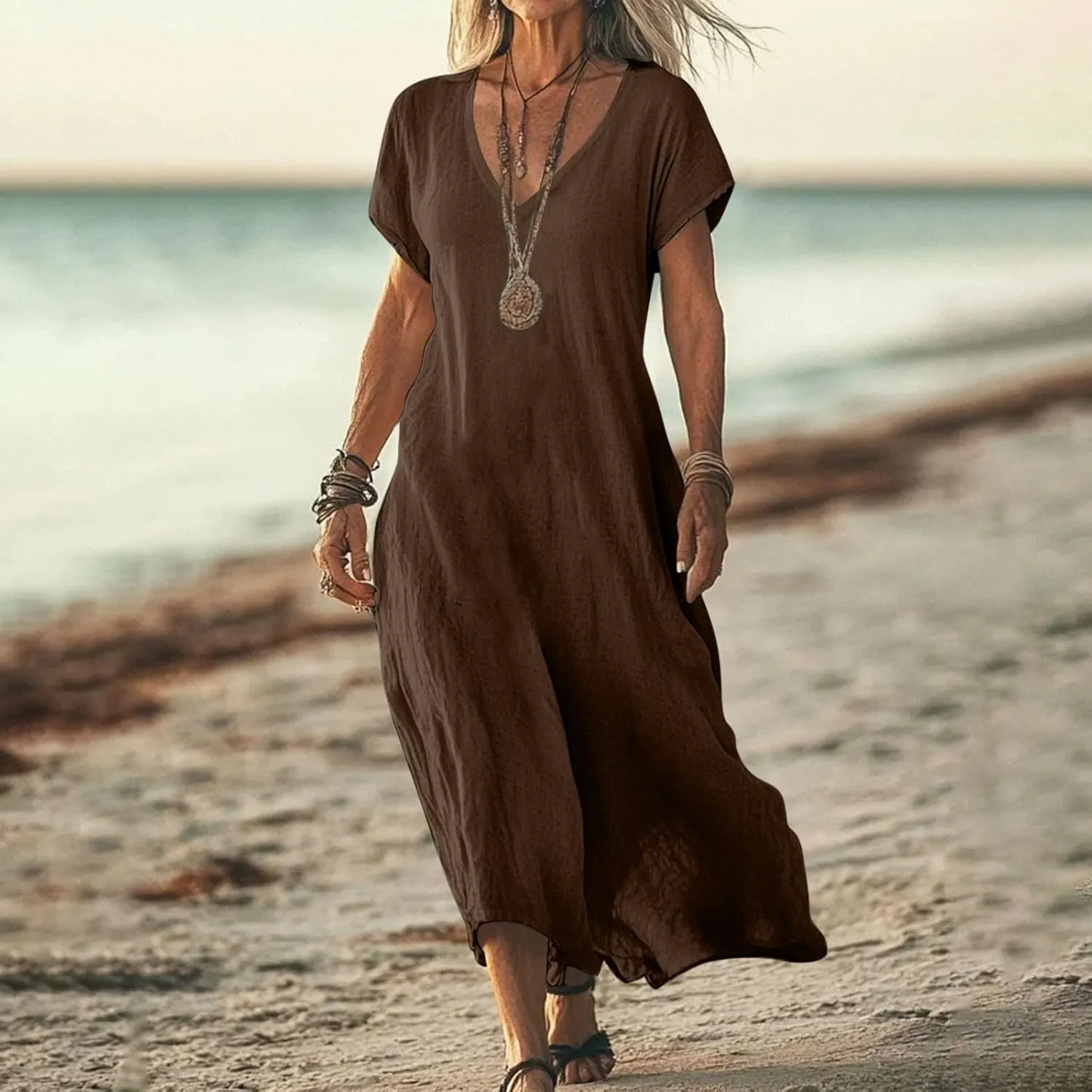 DDAPJ pyju Linen Dress for Women Summer V Neck Short Sleeve Sundress Solid Color Loose Beach Vacation Casual Maxi Dresses