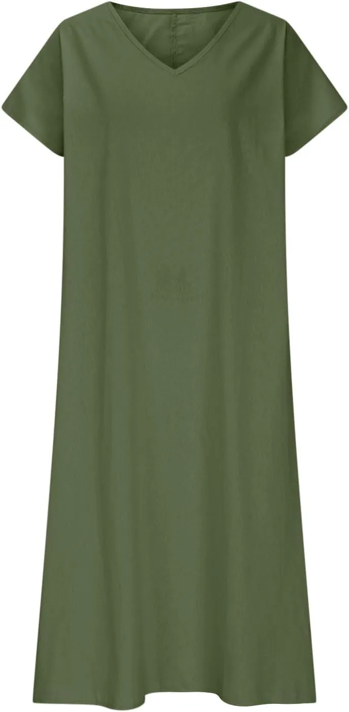 DDAPJ pyju Linen Dress for Women Summer V Neck Short Sleeve Sundress Solid Color Loose Beach Vacation Casual Maxi Dresses