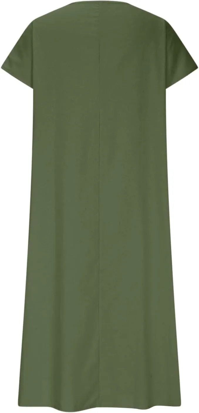 DDAPJ pyju Linen Dress for Women Summer V Neck Short Sleeve Sundress Solid Color Loose Beach Vacation Casual Maxi Dresses
