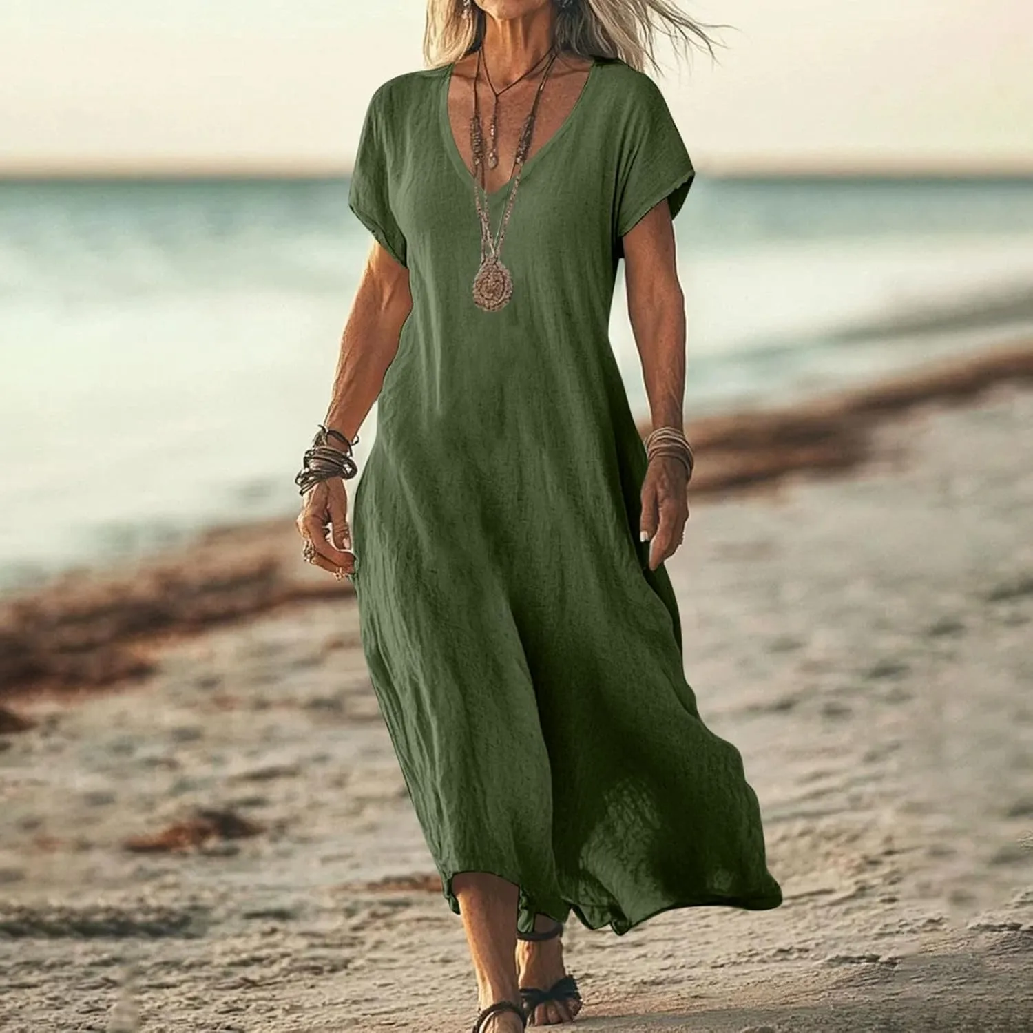 DDAPJ pyju Linen Dress for Women Summer V Neck Short Sleeve Sundress Solid Color Loose Beach Vacation Casual Maxi Dresses