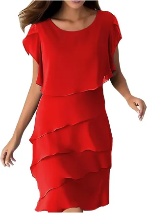DDAPJ pyju Womens Chiffon Wedding Guest Dresses Flowy Tiered Midi Dress Plus Size Crewneck Cap Sleeve Party Cocktail Dress