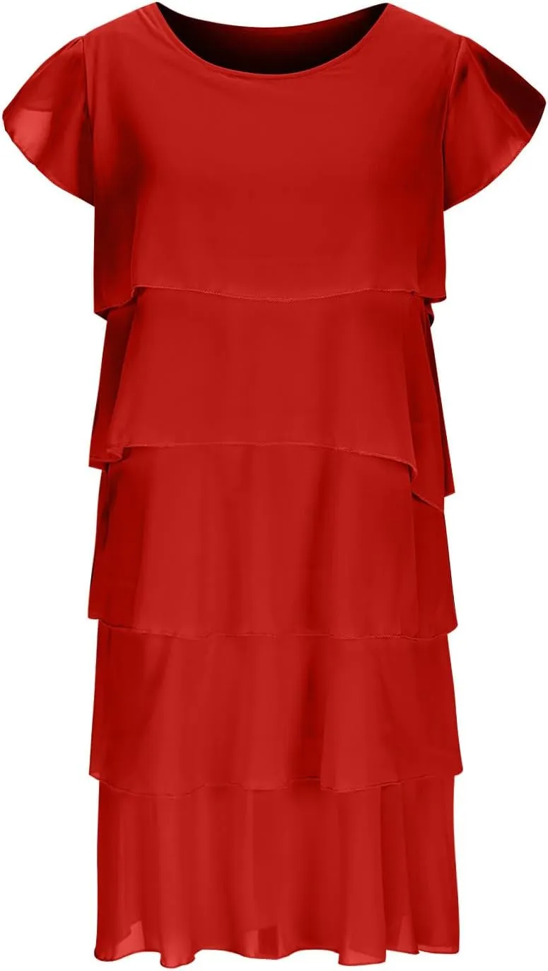DDAPJ pyju Womens Chiffon Wedding Guest Dresses Flowy Tiered Midi Dress Plus Size Crewneck Cap Sleeve Party Cocktail Dress