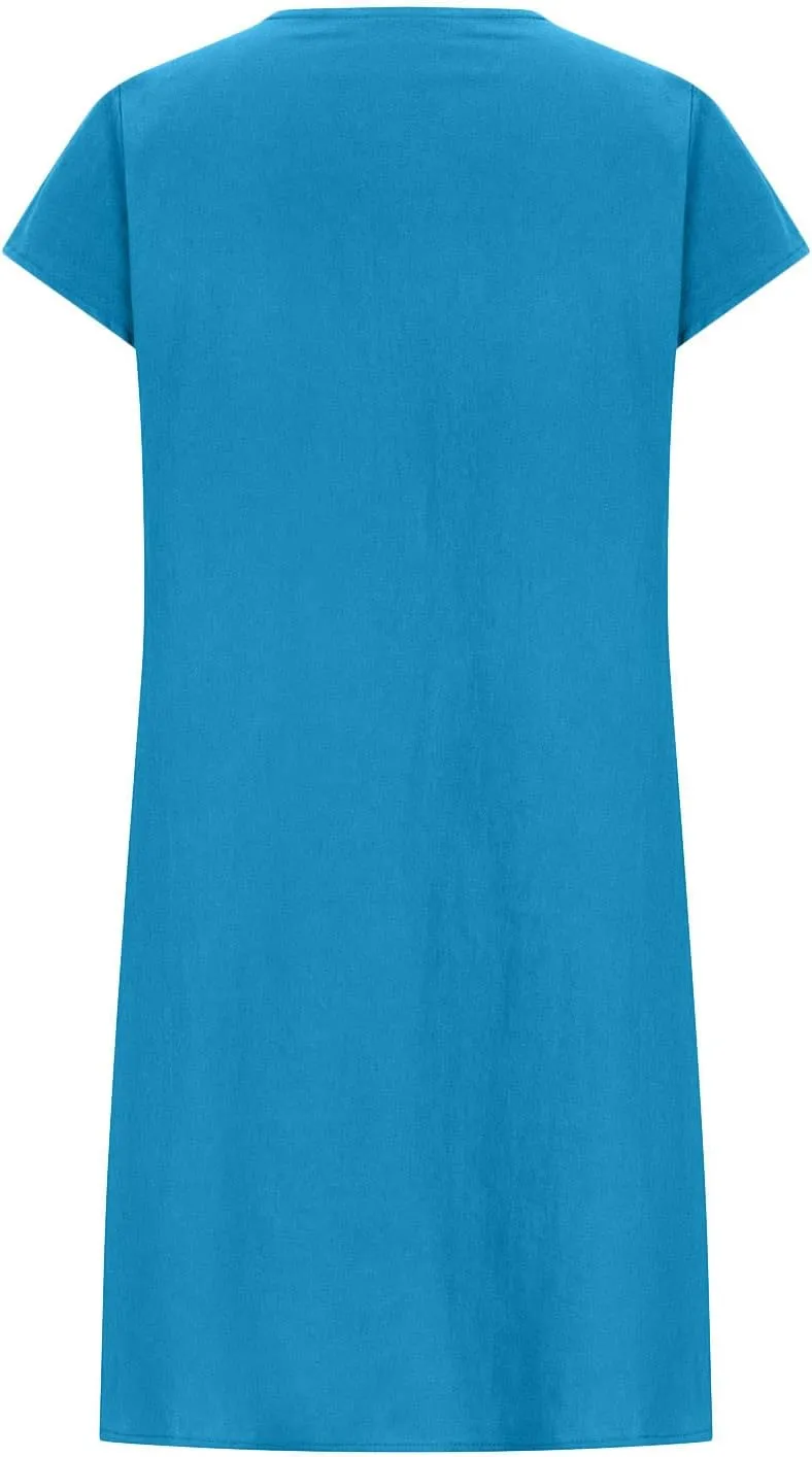 DDAPJ pyju Womens Linen Dress Summer Casual Pleated Round Neck Short Sleeve Mini Dress Loose Beach Vacation Sundress