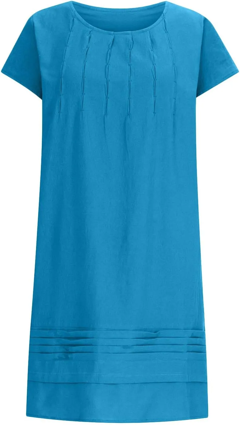 DDAPJ pyju Womens Linen Dress Summer Casual Pleated Round Neck Short Sleeve Mini Dress Loose Beach Vacation Sundress