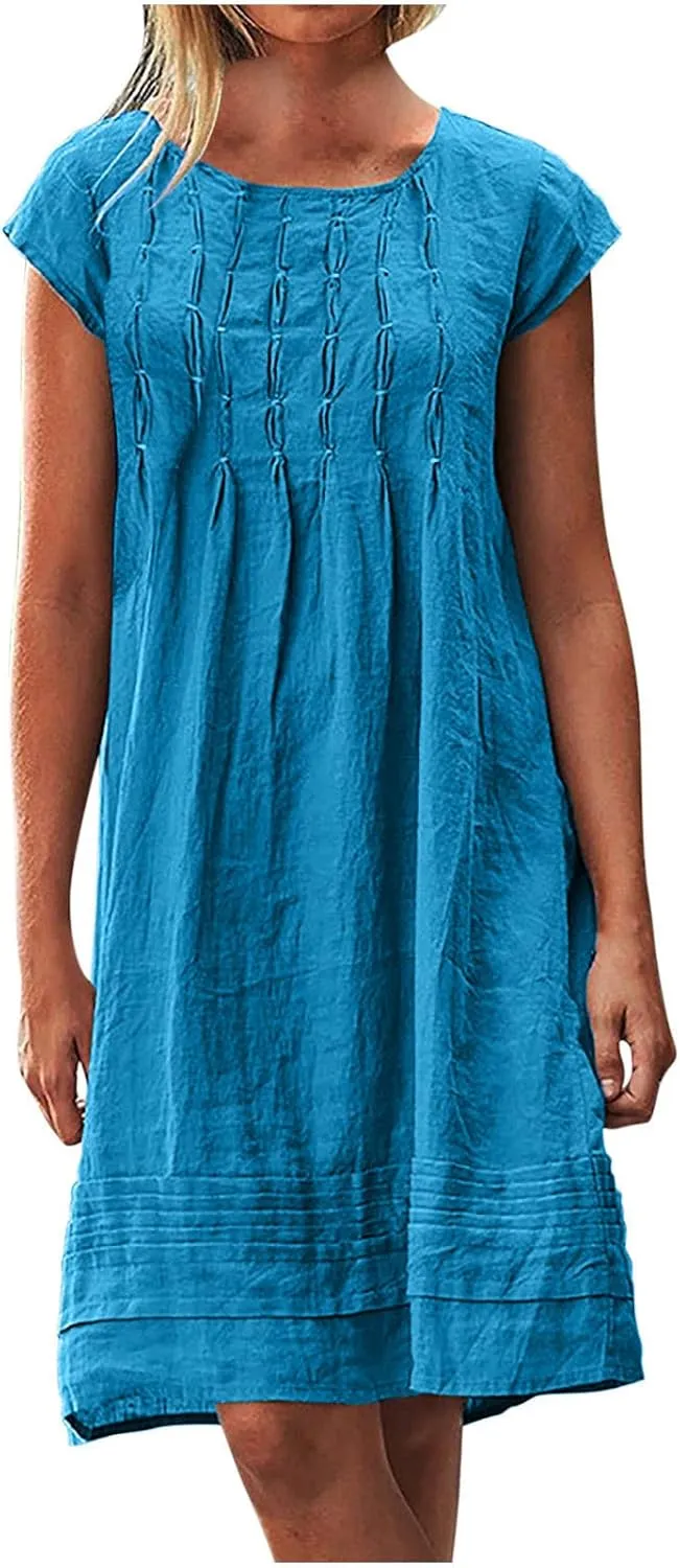 DDAPJ pyju Womens Linen Dress Summer Casual Pleated Round Neck Short Sleeve Mini Dress Loose Beach Vacation Sundress