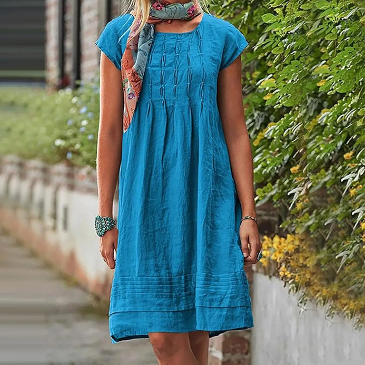 DDAPJ pyju Womens Linen Dress Summer Casual Pleated Round Neck Short Sleeve Mini Dress Loose Beach Vacation Sundress