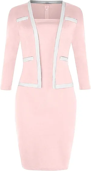 DDAPJ pyju Women's Plus Size Bodycon Midi Dresses Elegant 3/4 Sleeve Pencil Dress Colorblock 2 in 1 Suit Dress Wear to Work
