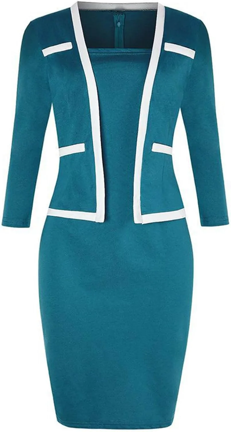 DDAPJ pyju Women's Plus Size Bodycon Midi Dresses Elegant 3/4 Sleeve Pencil Dress Colorblock 2 in 1 Suit Dress Wear to Work