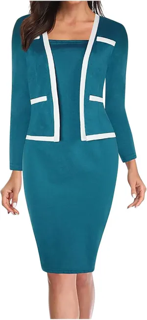 DDAPJ pyju Women's Plus Size Bodycon Midi Dresses Elegant 3/4 Sleeve Pencil Dress Colorblock 2 in 1 Suit Dress Wear to Work