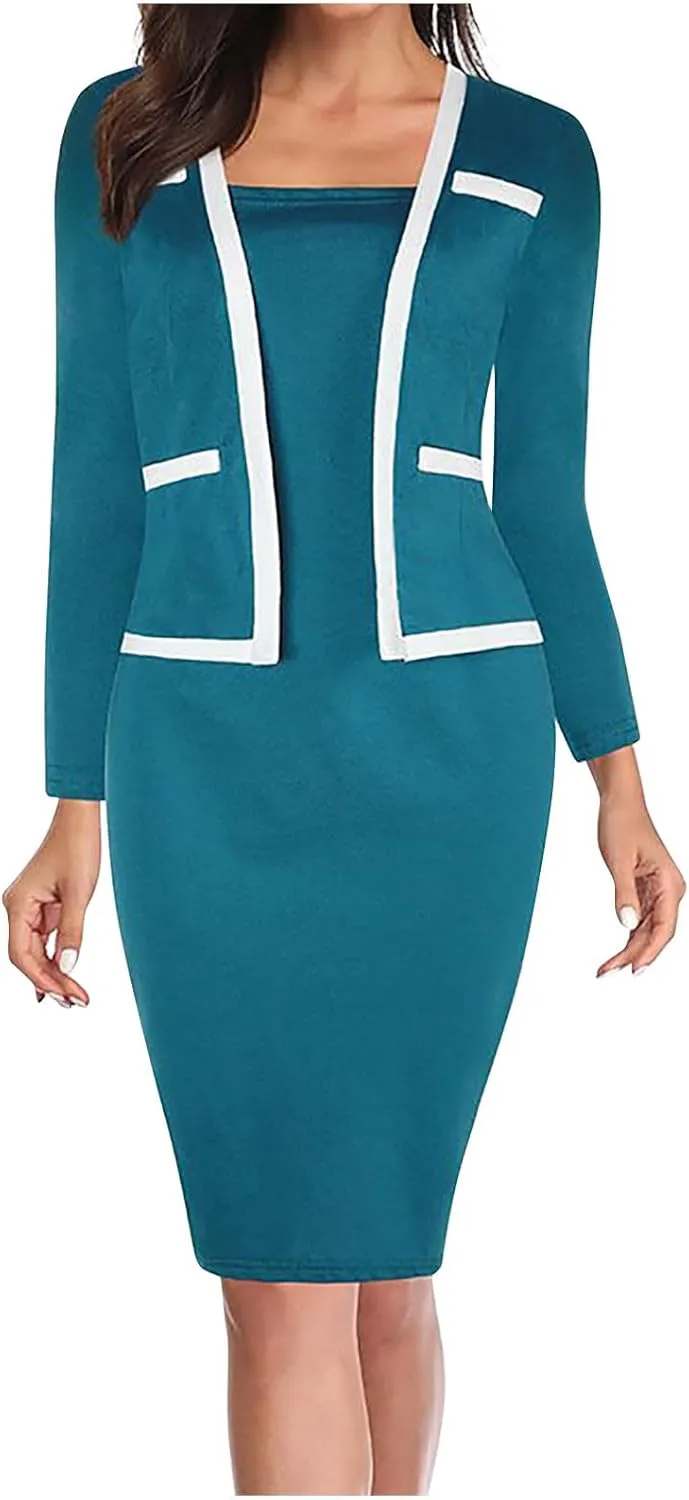 DDAPJ pyju Women's Plus Size Bodycon Midi Dresses Elegant 3/4 Sleeve Pencil Dress Colorblock 2 in 1 Suit Dress Wear to Work