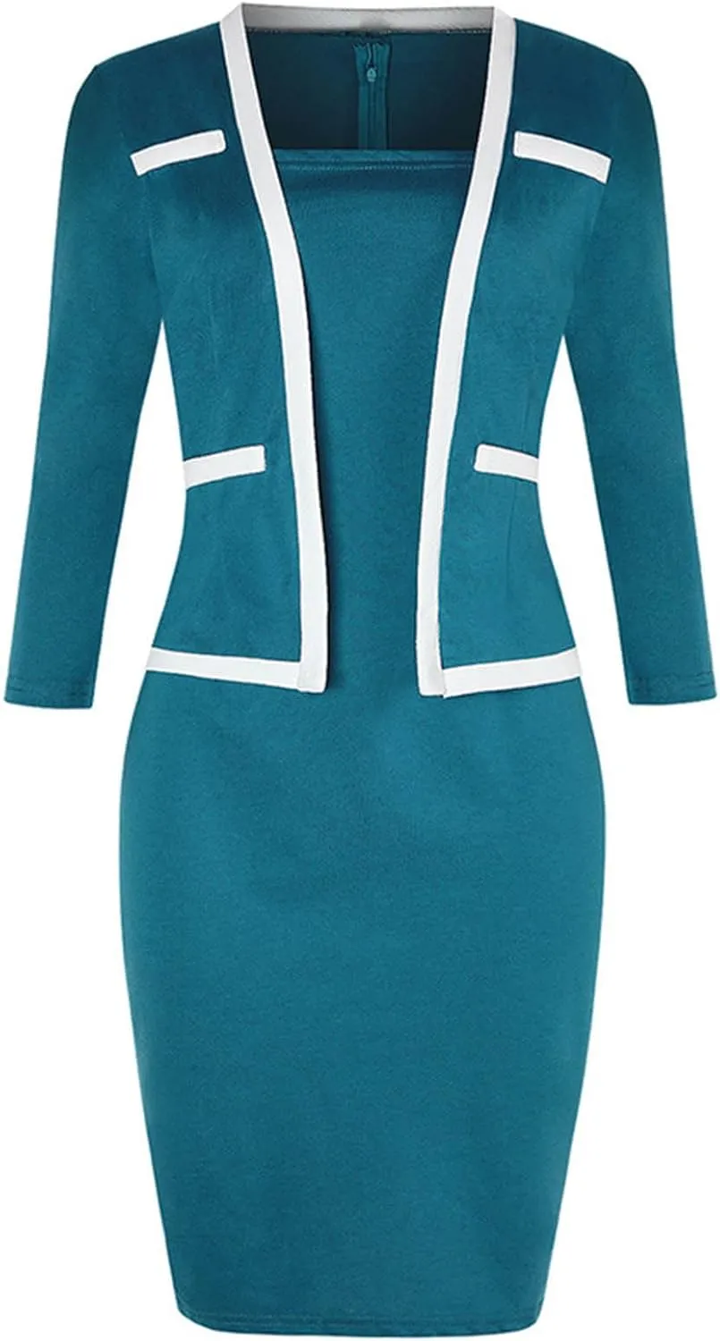 DDAPJ pyju Women's Plus Size Bodycon Midi Dresses Elegant 3/4 Sleeve Pencil Dress Colorblock 2 in 1 Suit Dress Wear to Work