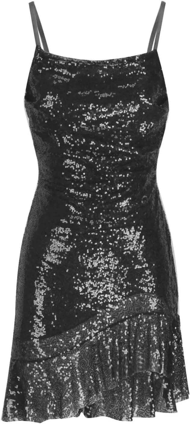 DDAPJ pyju Women's Sequin Sparkly Glitter Dress Sexy Ruffle Spaghetti Strap Sleeveless Mini Dress Party Club Bodycon Dresses