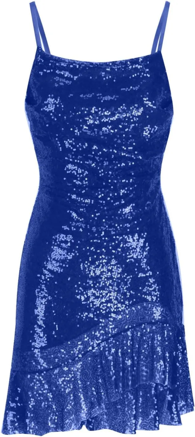 DDAPJ pyju Women's Sequin Sparkly Glitter Dress Sexy Ruffle Spaghetti Strap Sleeveless Mini Dress Party Club Bodycon Dresses