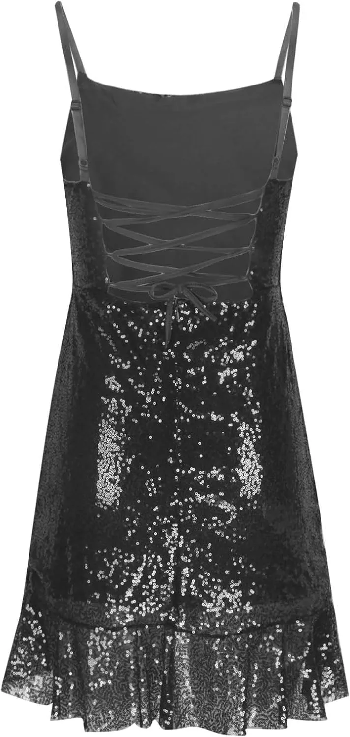 DDAPJ pyju Women's Sequin Sparkly Glitter Dress Sexy Ruffle Spaghetti Strap Sleeveless Mini Dress Party Club Bodycon Dresses