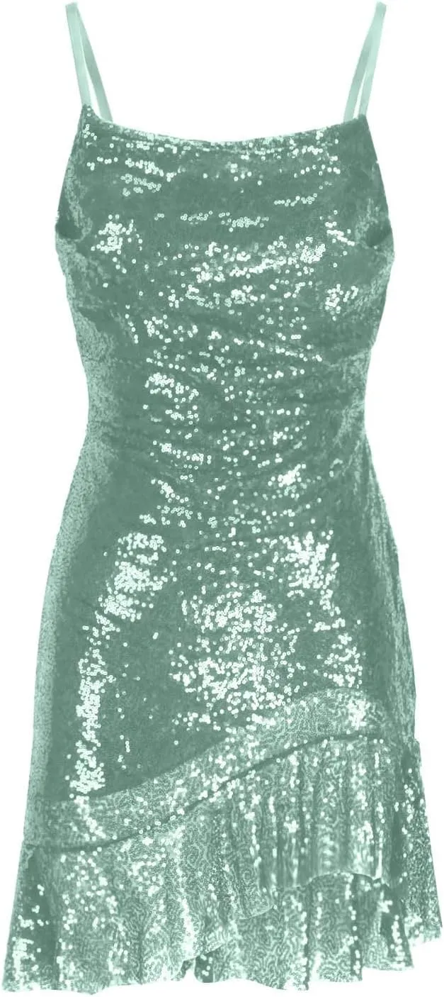 DDAPJ pyju Women's Sequin Sparkly Glitter Dress Sexy Ruffle Spaghetti Strap Sleeveless Mini Dress Party Club Bodycon Dresses