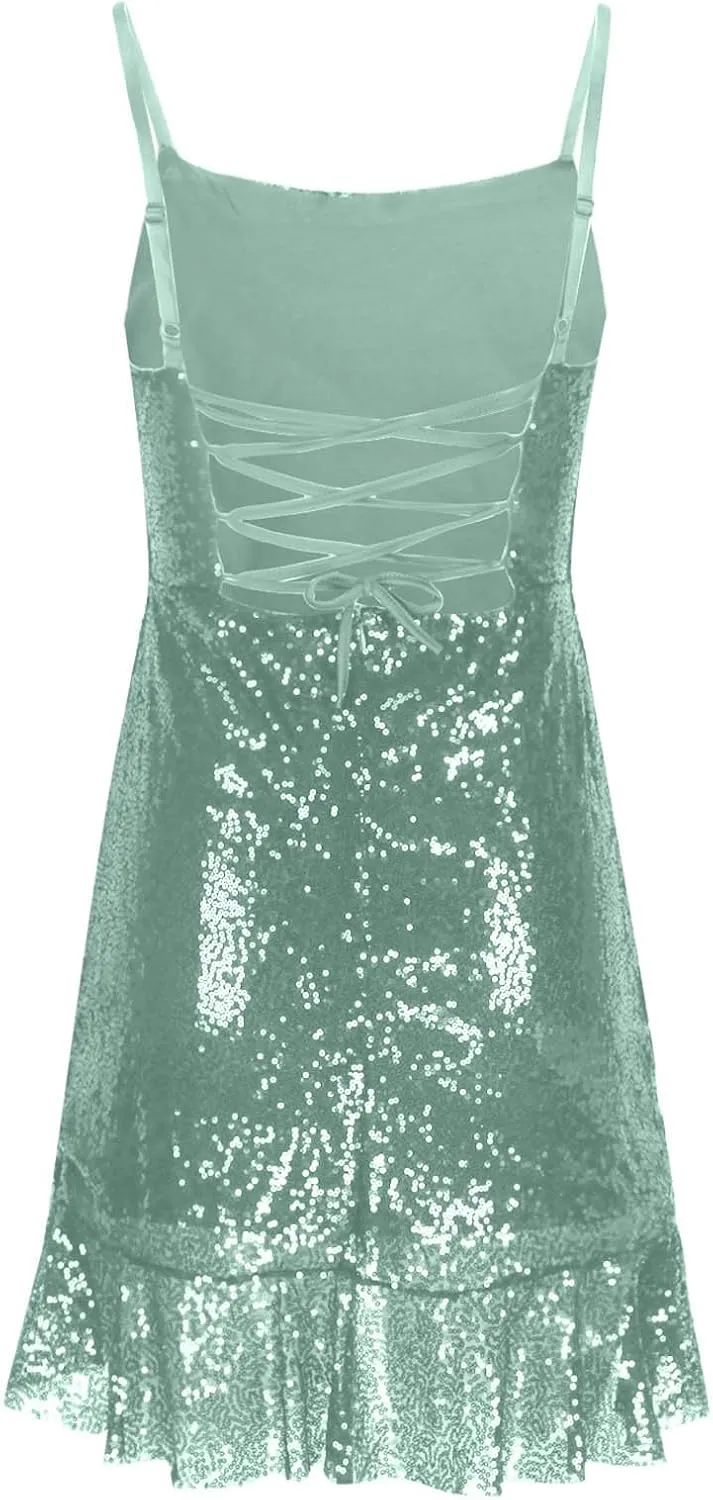 DDAPJ pyju Women's Sequin Sparkly Glitter Dress Sexy Ruffle Spaghetti Strap Sleeveless Mini Dress Party Club Bodycon Dresses