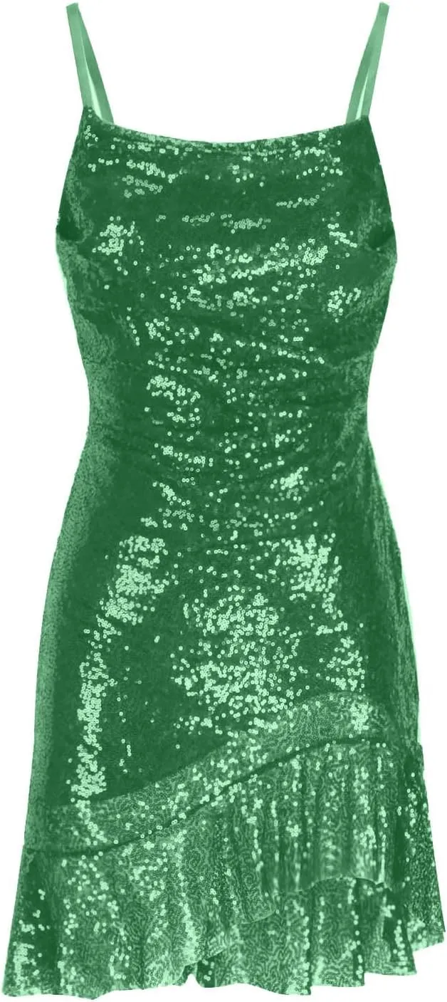 DDAPJ pyju Women's Sequin Sparkly Glitter Dress Sexy Ruffle Spaghetti Strap Sleeveless Mini Dress Party Club Bodycon Dresses