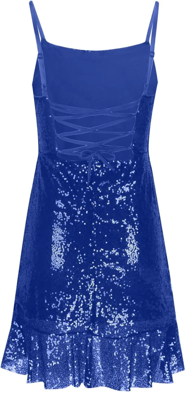 DDAPJ pyju Women's Sequin Sparkly Glitter Dress Sexy Ruffle Spaghetti Strap Sleeveless Mini Dress Party Club Bodycon Dresses
